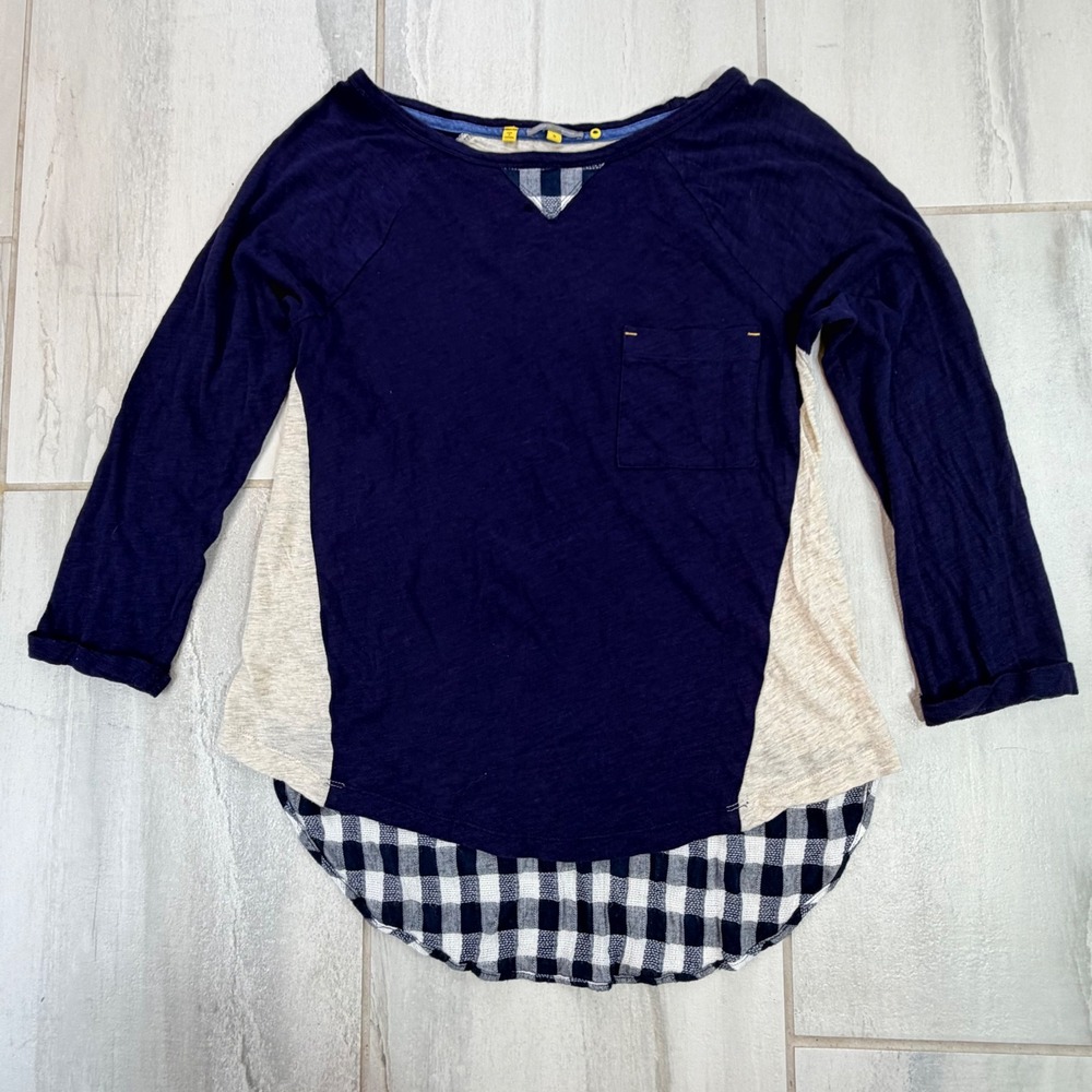 Anthropologie Little Yellow Button Navy Gingham Layered Mixed Media Top Size M
